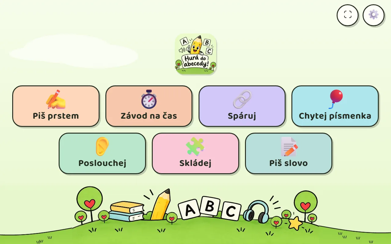 Hurá do abecedy!: obrazovka s výběrem her a animace ze hry (skládání a psaní písmen)